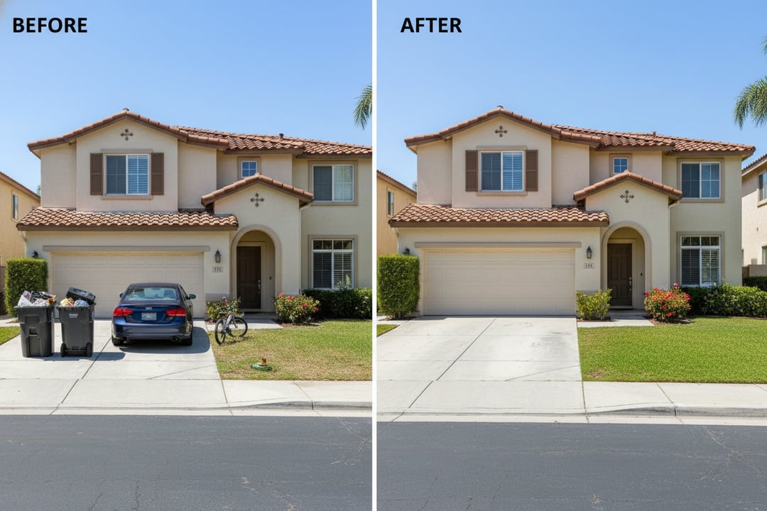 An appealing real estate photo with cars and trash bins removed from the exterior