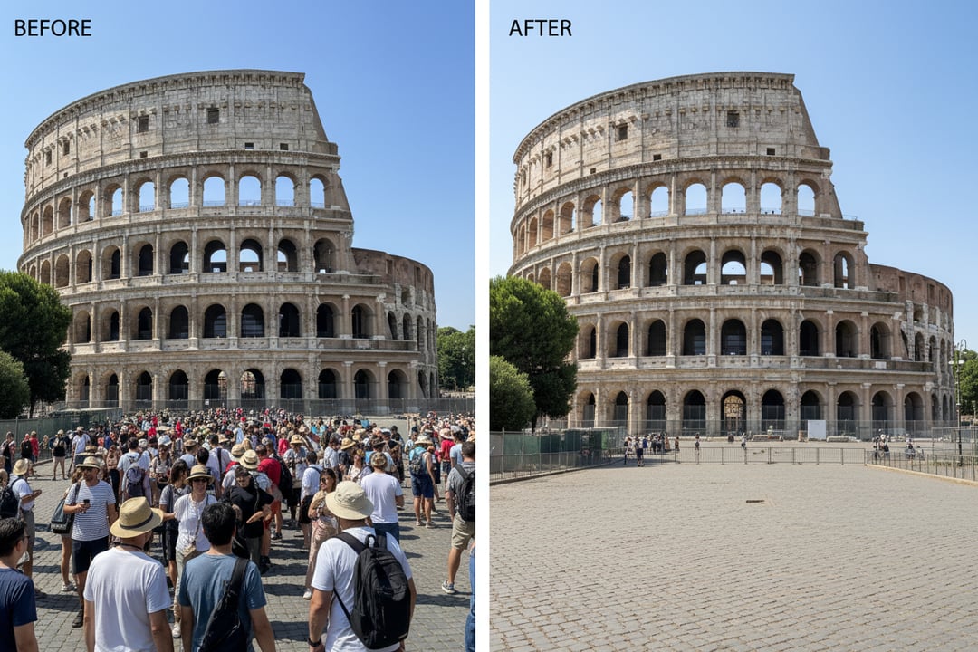A perfect travel photo of a landmark with tourists and photobombers removed